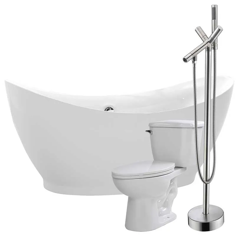 Anzzi Reginald 68 in. Acrylic Flatbottom Non-Whirlpool Bathtub with Havasu Faucet and Kame 1.28 GPF Toilet