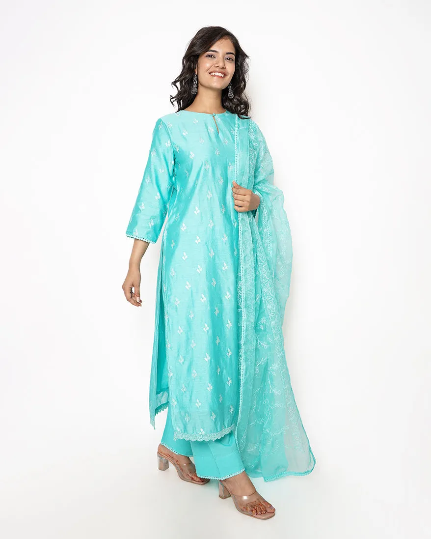 Aqua Blue Embroidered Chanderi Suit Set