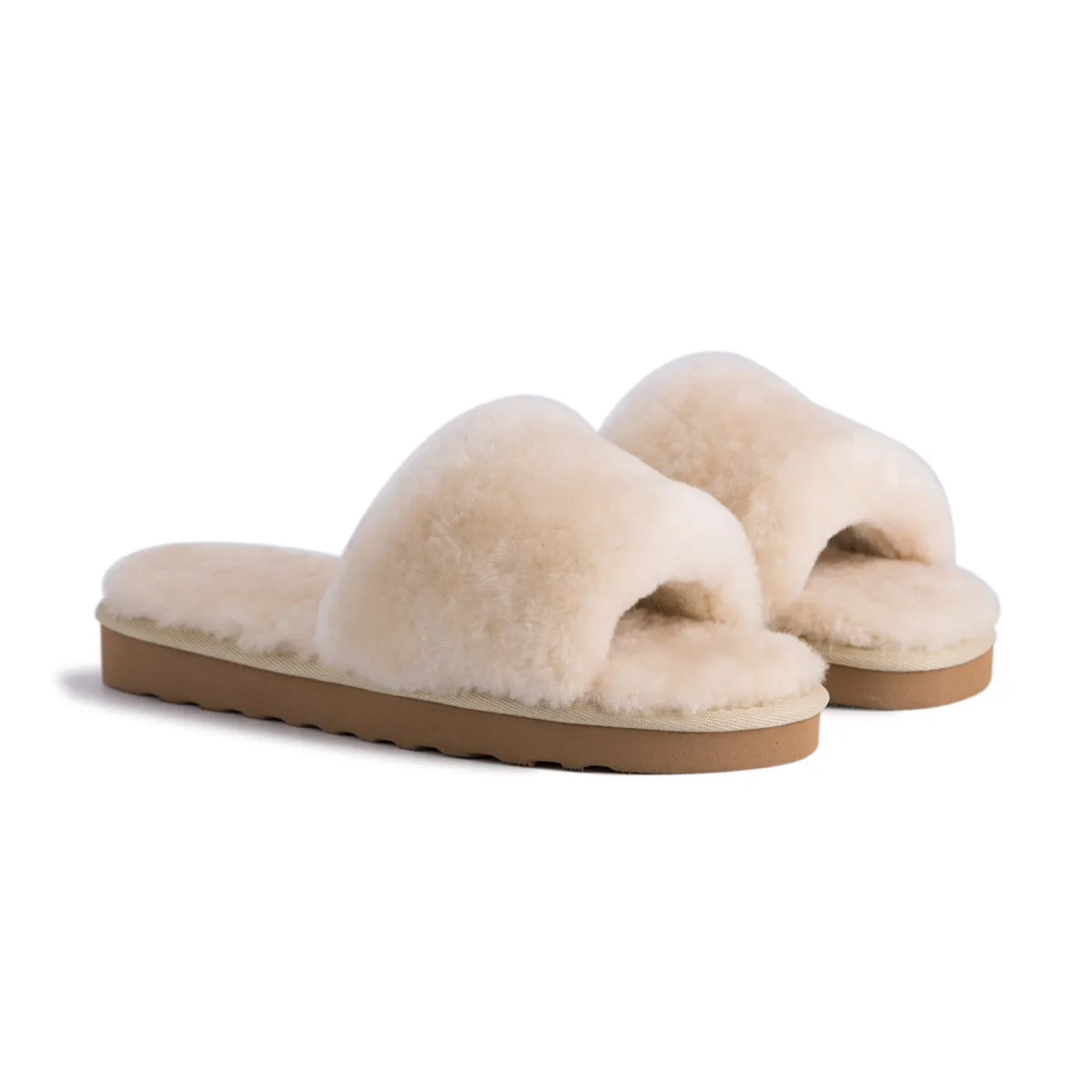 AUS WOOLI UGG WOMEN SHEEPSKIN FLUFF SLIDE - Chestnut/Tan