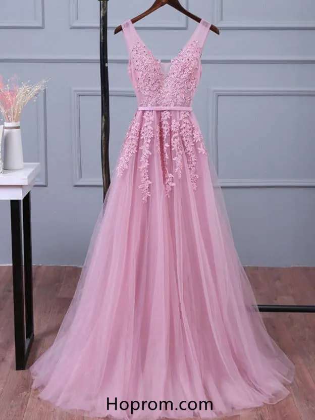 Baby Pink V-neck Tulle Prom Dresses with Appliques