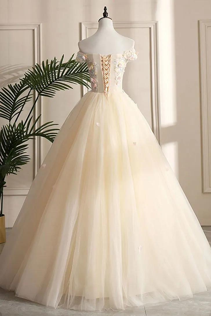 Ball Gown Cap Sleeve Appliques Yellow Prom Dress Floor Length Tulle Formal Evening Dress CAP5122