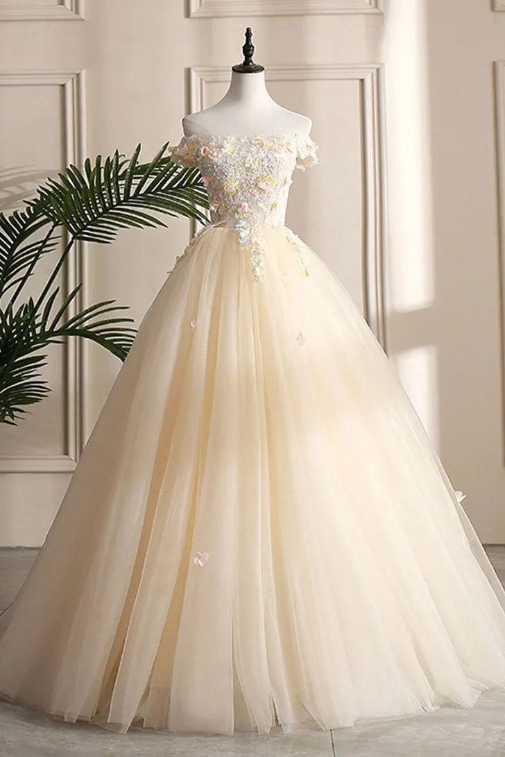 Ball Gown Cap Sleeve Appliques Yellow Prom Dress Floor Length Tulle Formal Evening Dress CAP5122
