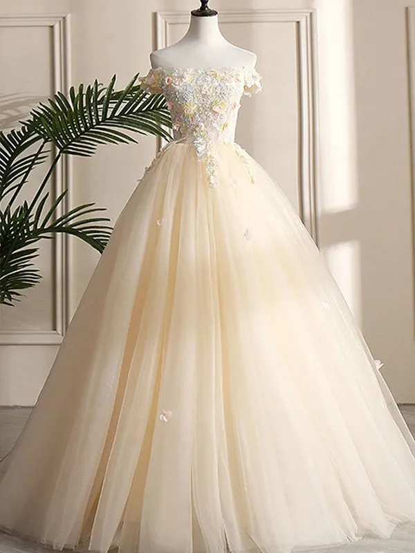 Ball Gown Cap Sleeve Appliques Yellow Prom Dress Floor Length Tulle Formal Evening Dress CAP5122