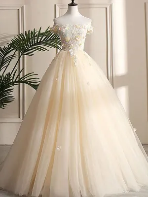 Ball Gown Cap Sleeve Appliques Yellow Prom Dress Floor Length Tulle Formal Evening Dress CAP5122