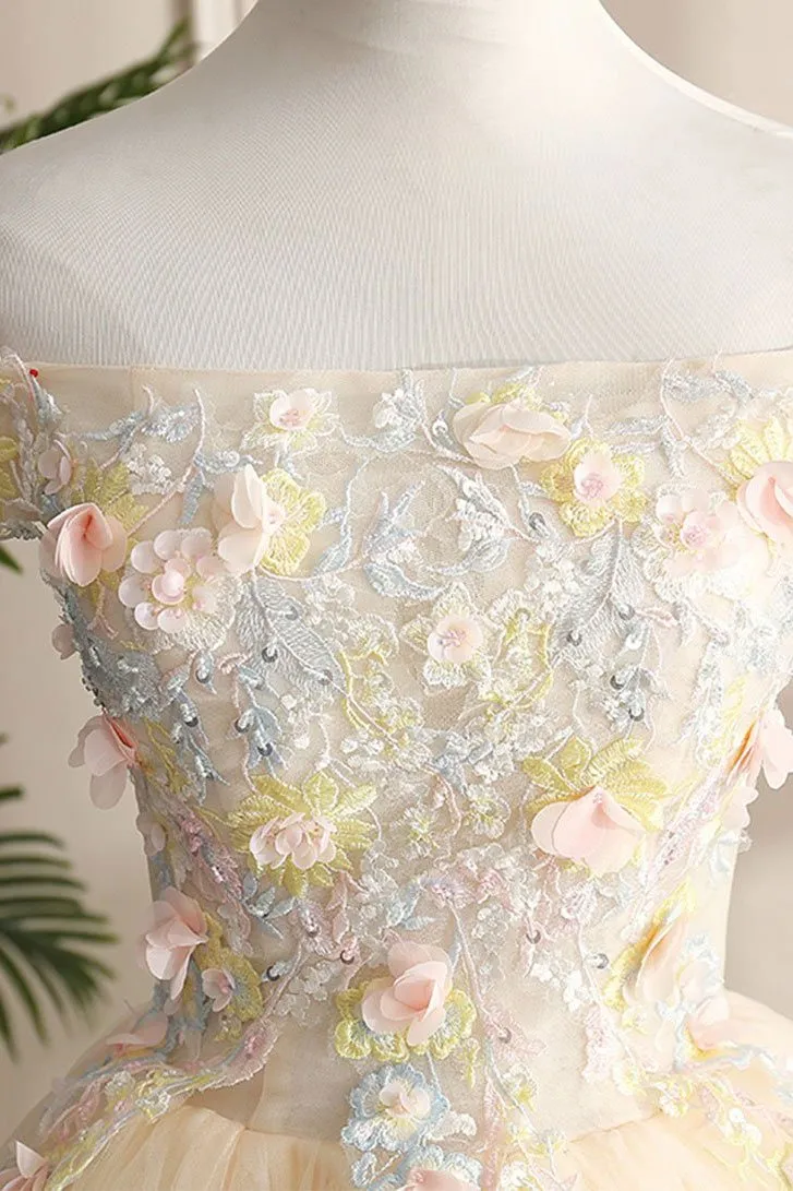 Ball Gown Cap Sleeve Appliques Yellow Prom Dress Floor Length Tulle Formal Evening Dress CAP5122
