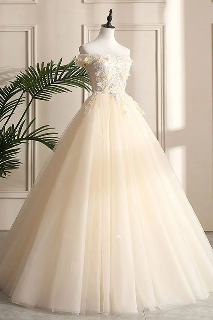 Ball Gown Cap Sleeve Appliques Yellow Prom Dress Floor Length Tulle Formal Evening Dress CAP5122