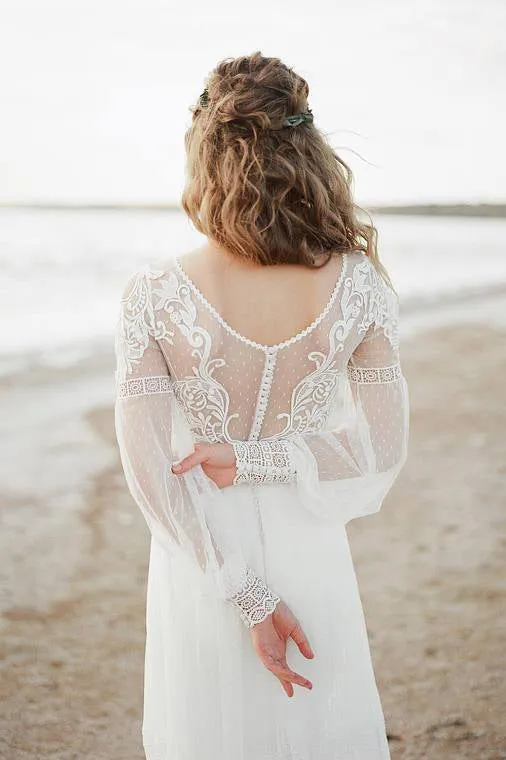 Beautiful A Line Bateau Sweep Train Long Sleeves Romantic Tulle Beach Bridal Gown Wedding Dresses OHD156