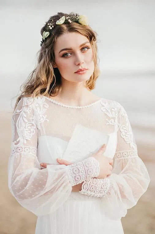 Beautiful A Line Bateau Sweep Train Long Sleeves Romantic Tulle Beach Bridal Gown Wedding Dresses OHD156