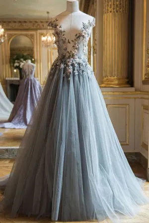 Beautiful A Line Bateau Sweep/Brush Train Sleeveless Appliques Long Tulle Prom Dress/Evening Dress OHC225