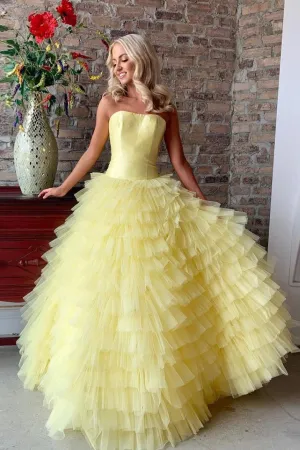Beautiful A Line Strapless Floor Length Sleeveless Long Tulle Ruffles Cheap Prom Dress OHC234