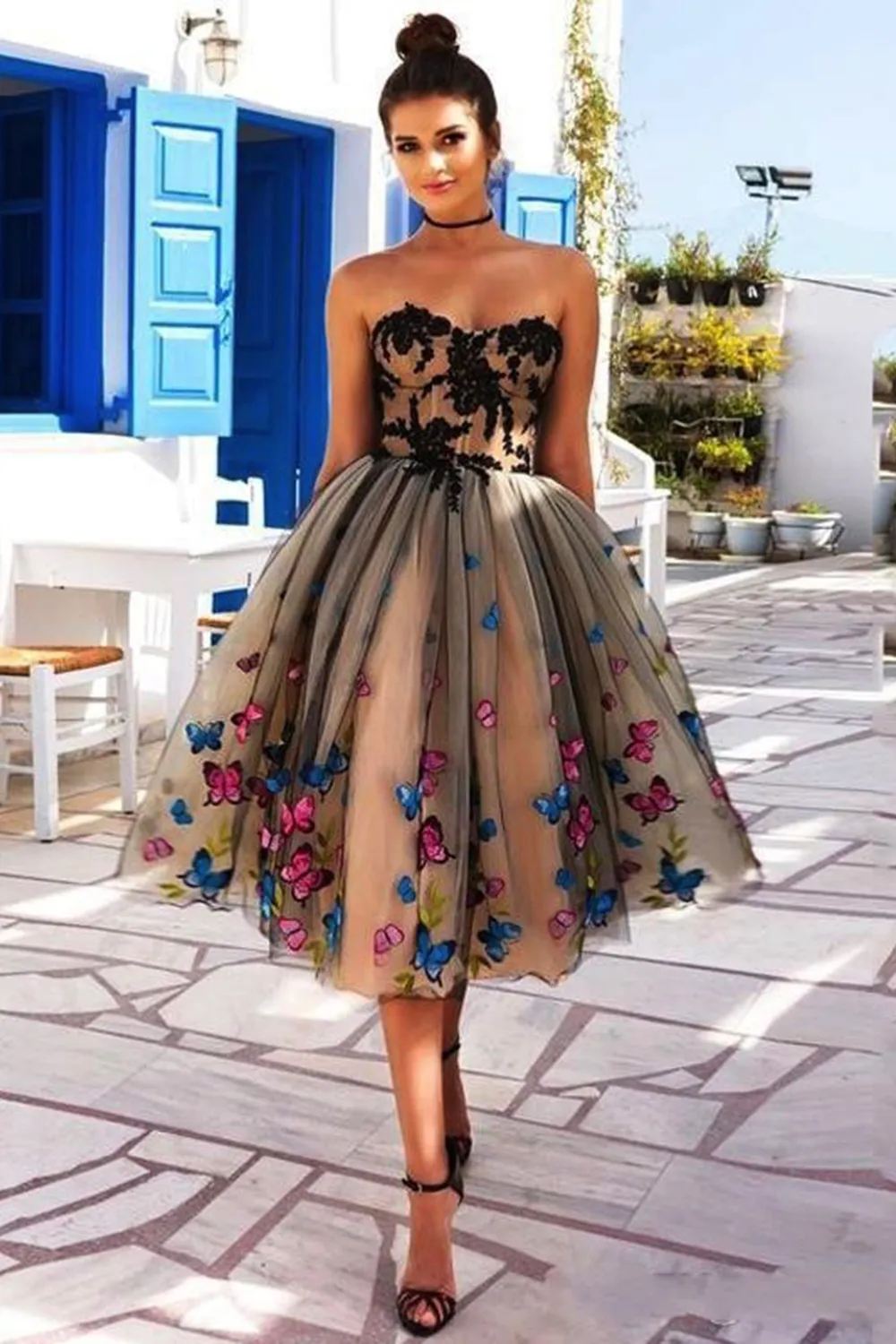 Beautiful A Line Sweetheart Sleeveless Appliques Tulle Butterfly Homecoming Dress Short Prom Dress Party Dress OHM112