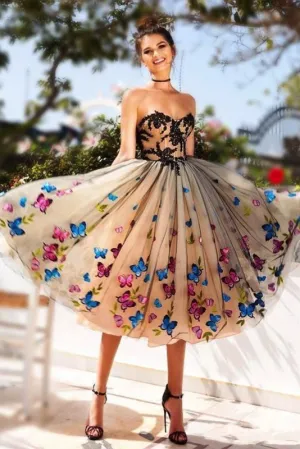 Beautiful A Line Sweetheart Sleeveless Appliques Tulle Butterfly Homecoming Dress Short Prom Dress Party Dress OHM112