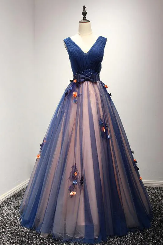 Beautiful Ball Gown V-neck Floor-length Sleeveless Appliques Bowknot Long Tulle Prom Dress/Evening Dress OHC230