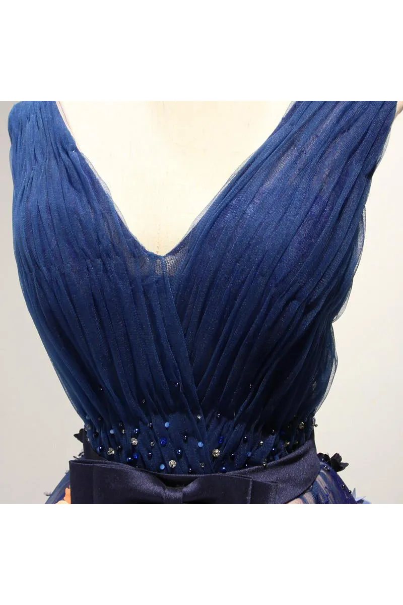 Beautiful Ball Gown V-neck Floor-length Sleeveless Appliques Bowknot Long Tulle Prom Dress/Evening Dress OHC230