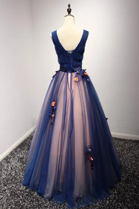 Beautiful Ball Gown V-neck Floor-length Sleeveless Appliques Bowknot Long Tulle Prom Dress/Evening Dress OHC230