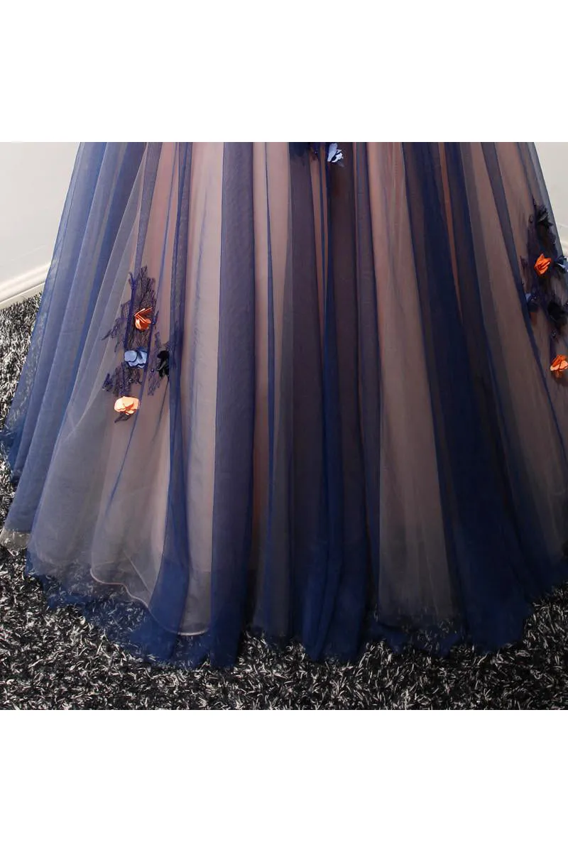 Beautiful Ball Gown V-neck Floor-length Sleeveless Appliques Bowknot Long Tulle Prom Dress/Evening Dress OHC230