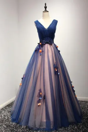 Beautiful Ball Gown V-neck Floor-length Sleeveless Appliques Bowknot Long Tulle Prom Dress/Evening Dress OHC230