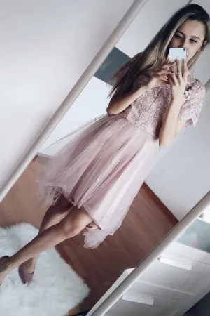 Beautiful Light Purple Embroidered Bodice Short Graduation Dress with Short Sleeves Homecoming Dresses OHM181