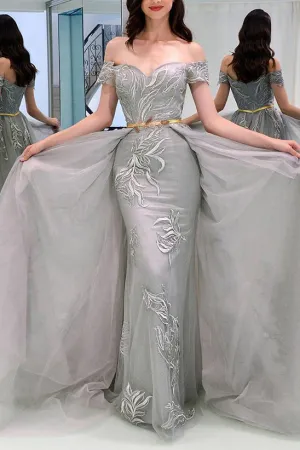Beautiful Prom Dresses Sheath Off-the-shoulder Appliques Short Sleeves Grey Long Tulle Prom Dress OHC257