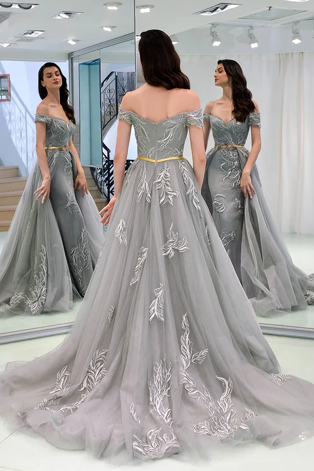 Beautiful Prom Dresses Sheath Off-the-shoulder Appliques Short Sleeves Grey Long Tulle Prom Dress OHC257