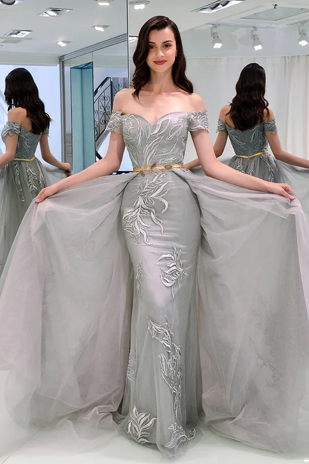 Beautiful Prom Dresses Sheath Off-the-shoulder Appliques Short Sleeves Grey Long Tulle Prom Dress OHC257