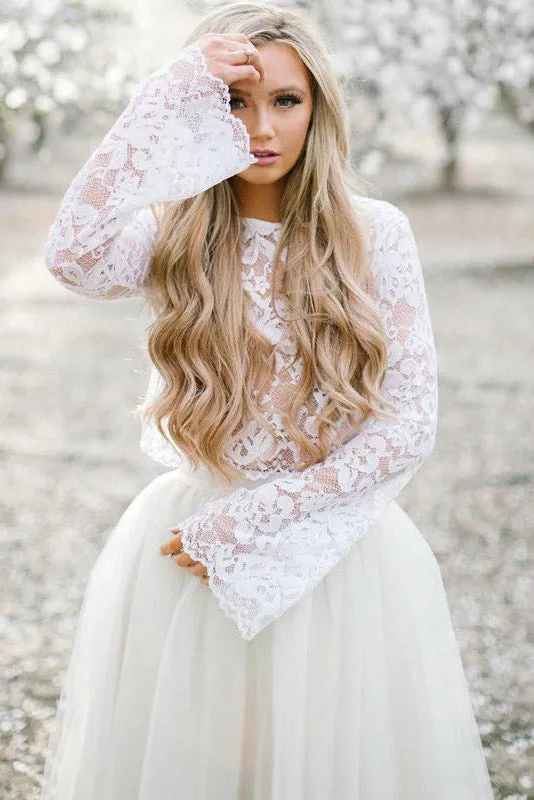 Beautiful Two Piece Homecoming Dresses Lace Appliques Long Sleeves Homecoming Party Dress OHM103