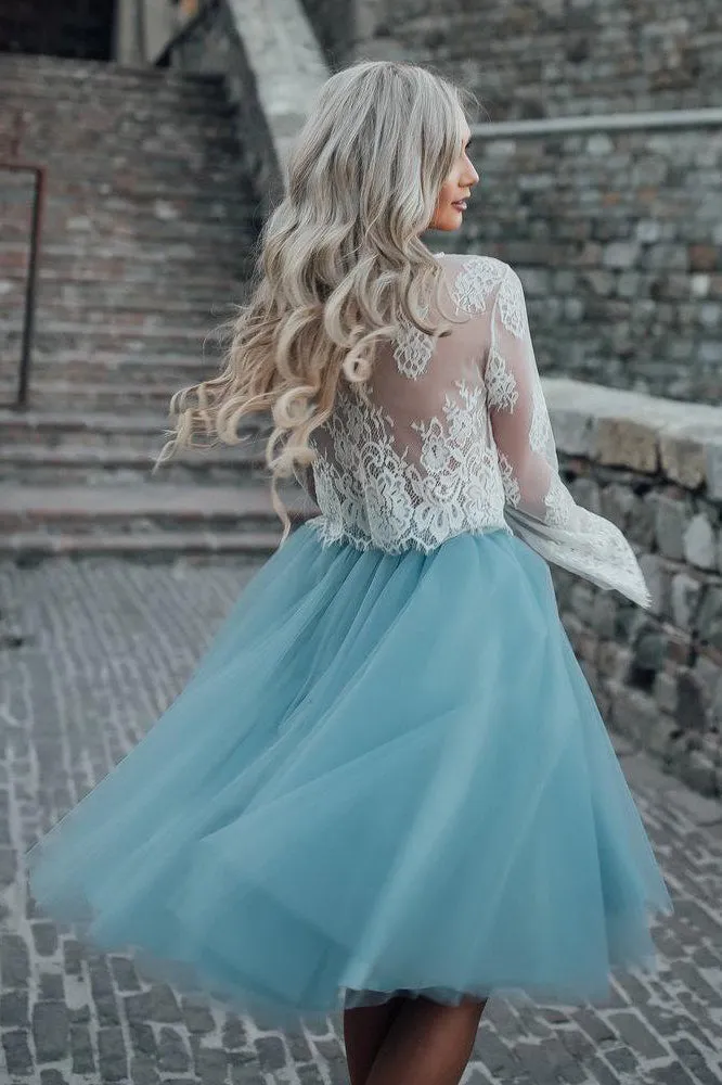 Beautiful Two Pieces Scoop Long Sleeves Tulle Homecoming Dress Short Prom Dress Party Dress  OHM111
