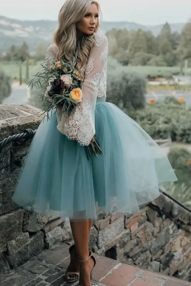 Beautiful Two Pieces Scoop Long Sleeves Tulle Homecoming Dress Short Prom Dress Party Dress  OHM111