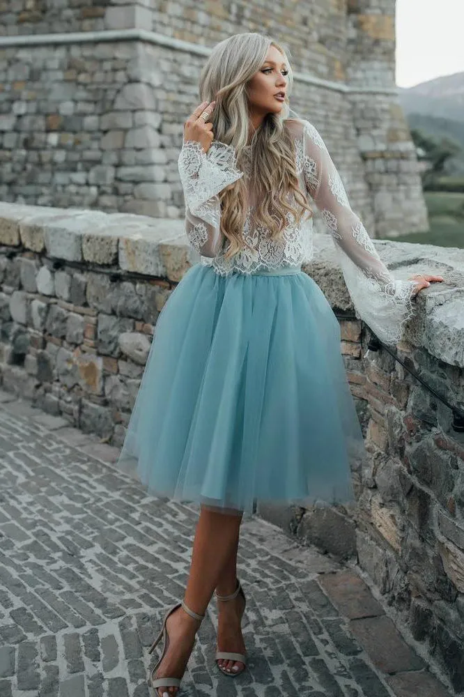 Beautiful Two Pieces Scoop Long Sleeves Tulle Homecoming Dress Short Prom Dress Party Dress  OHM111