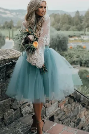 Beautiful Two Pieces Scoop Long Sleeves Tulle Homecoming Dress Short Prom Dress Party Dress  OHM111