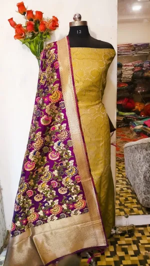 Beige and Purple Banarasi Silk Katan Dyeable Suit