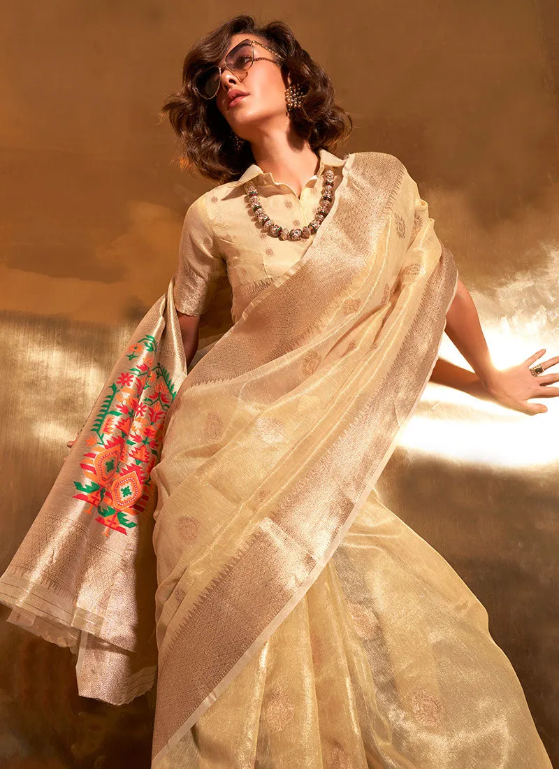 Beige Golden Paithani Tissue Silk Saree
