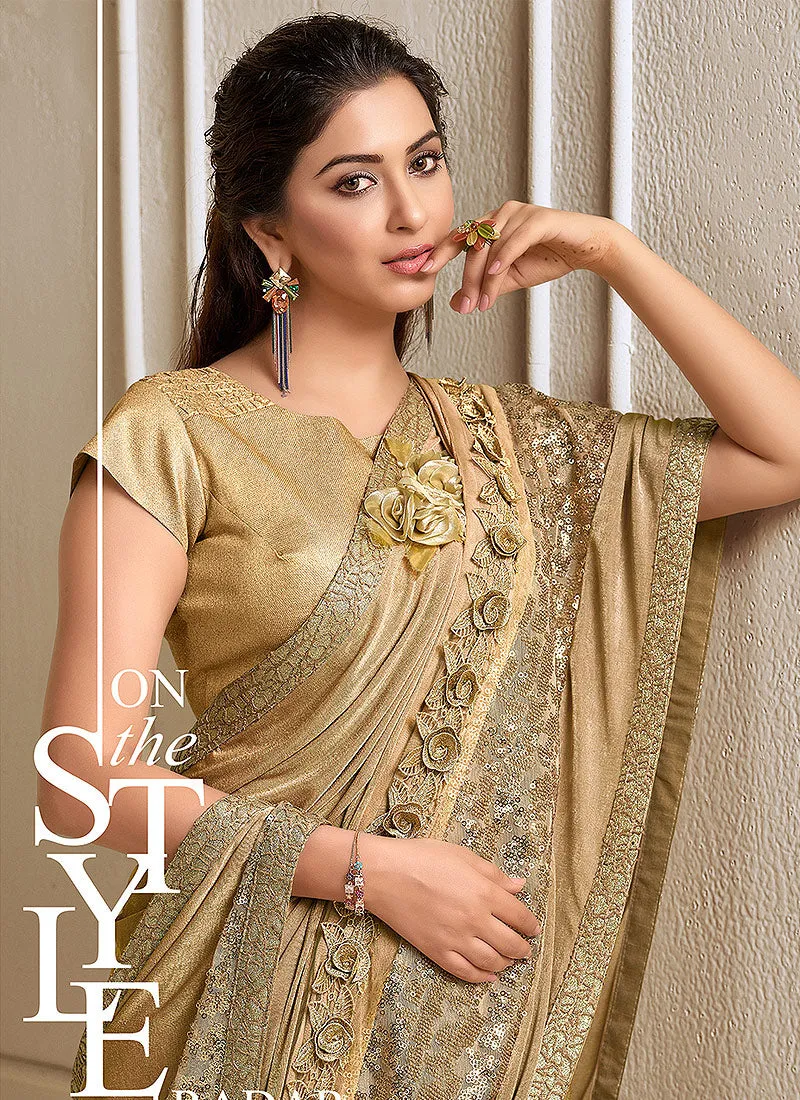Beige Sequence Embroidered Designer Saree
