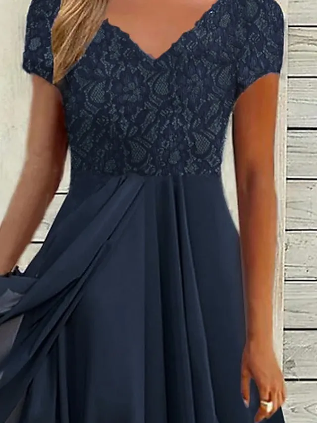 BerryBetty - Women's Party Dress Chiffon Dress Formal Dress Midi Dress Navy Blue Short Sleeve Floral Ruched Spring Summer V Neck Vacation Wedding Guest Date Vacation 2024 S M L XL XXL 3XL