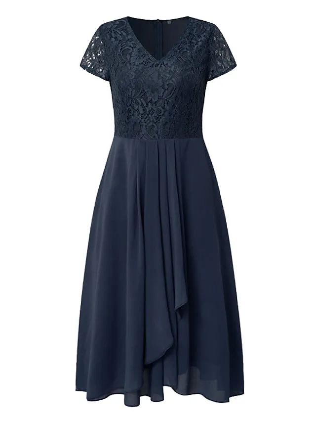BerryBetty - Women's Party Dress Chiffon Dress Formal Dress Midi Dress Navy Blue Short Sleeve Floral Ruched Spring Summer V Neck Vacation Wedding Guest Date Vacation 2024 S M L XL XXL 3XL