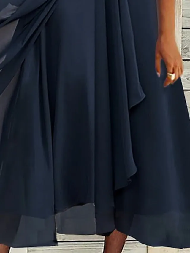 BerryBetty - Women's Party Dress Chiffon Dress Formal Dress Midi Dress Navy Blue Short Sleeve Floral Ruched Spring Summer V Neck Vacation Wedding Guest Date Vacation 2024 S M L XL XXL 3XL