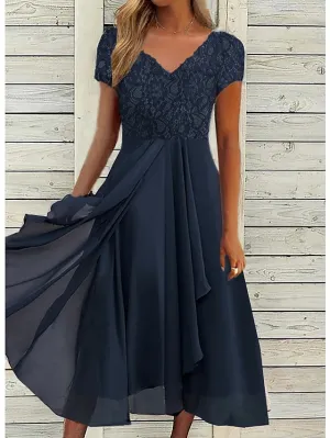 BerryBetty - Women's Party Dress Chiffon Dress Formal Dress Midi Dress Navy Blue Short Sleeve Floral Ruched Spring Summer V Neck Vacation Wedding Guest Date Vacation 2024 S M L XL XXL 3XL