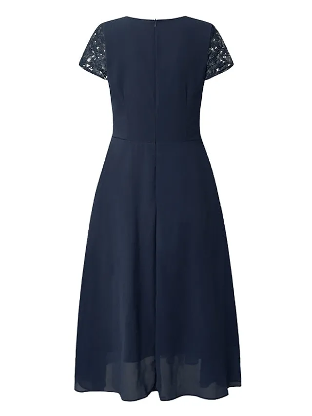 BerryBetty - Women's Party Dress Chiffon Dress Formal Dress Midi Dress Navy Blue Short Sleeve Floral Ruched Spring Summer V Neck Vacation Wedding Guest Date Vacation 2024 S M L XL XXL 3XL