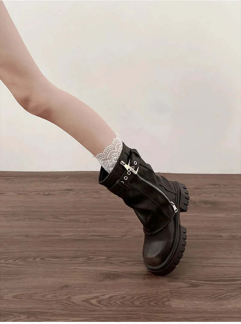 Biker Boots – Fashion Belt Buckle Ladies Elegant Platform Flats, Short Booties Casual Women’s Knight Booties, Winter Boots for Women