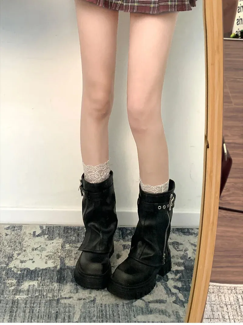 Biker Boots – Fashion Belt Buckle Ladies Elegant Platform Flats, Short Booties Casual Women’s Knight Booties, Winter Boots for Women