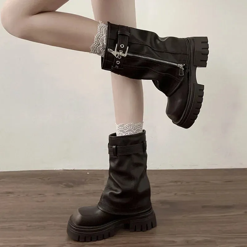 Biker Boots – Fashion Belt Buckle Ladies Elegant Platform Flats, Short Booties Casual Women’s Knight Booties, Winter Boots for Women