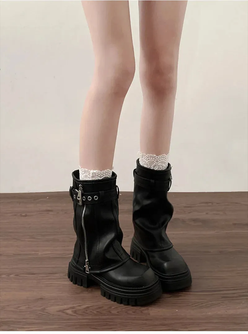Biker Boots – Fashion Belt Buckle Ladies Elegant Platform Flats, Short Booties Casual Women’s Knight Booties, Winter Boots for Women