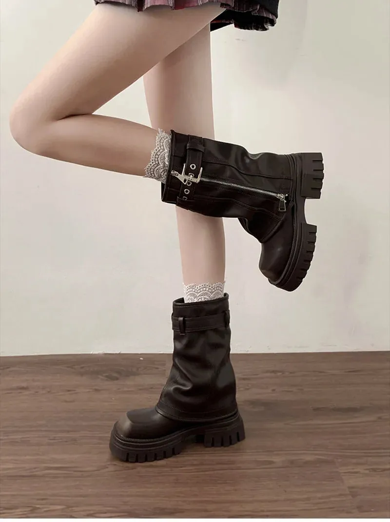 Biker Boots – Fashion Belt Buckle Ladies Elegant Platform Flats, Short Booties Casual Women’s Knight Booties, Winter Boots for Women
