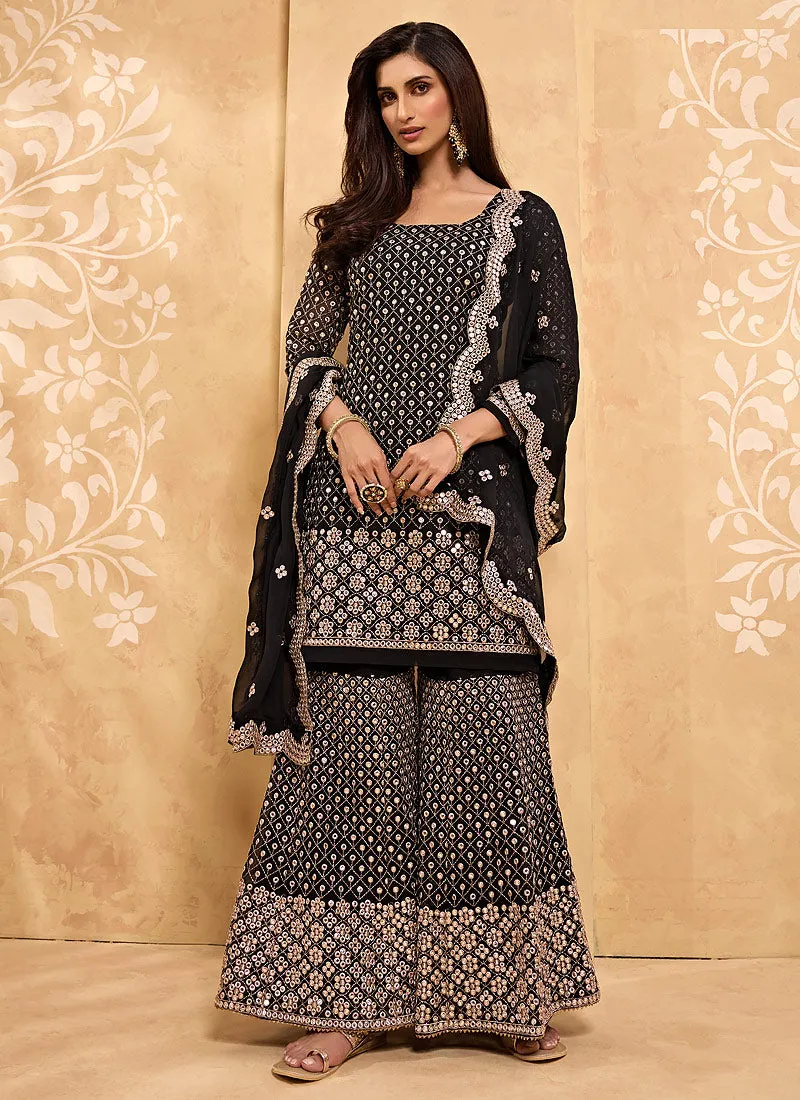 Black Embroidered Georgette Sharara Suit