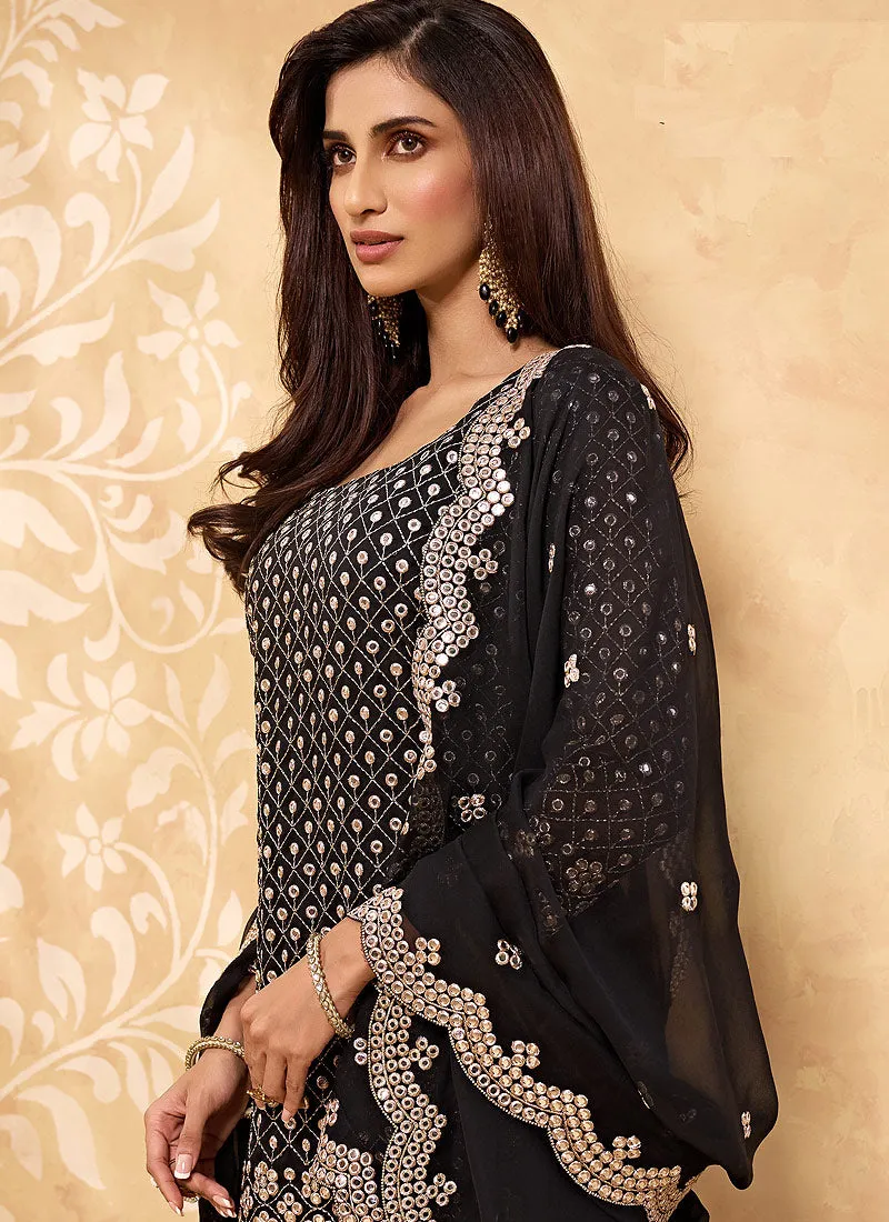 Black Embroidered Georgette Sharara Suit