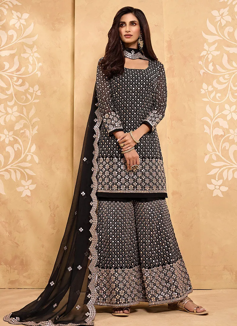 Black Embroidered Georgette Sharara Suit
