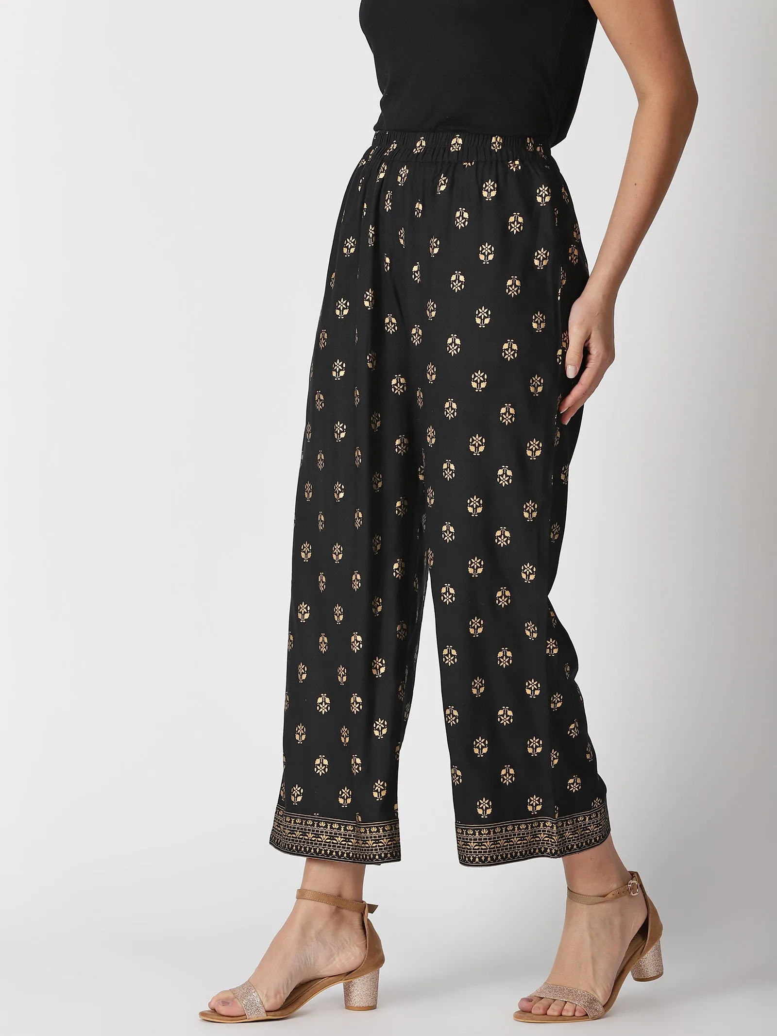 Black Ethnic Motifs Gold Printed Palazzos
