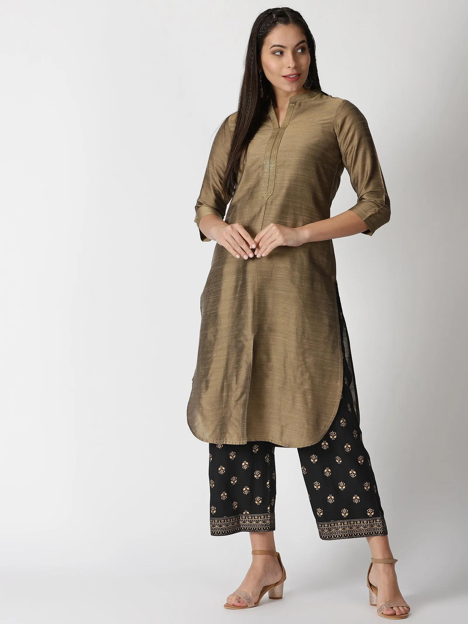 Black Ethnic Motifs Gold Printed Palazzos