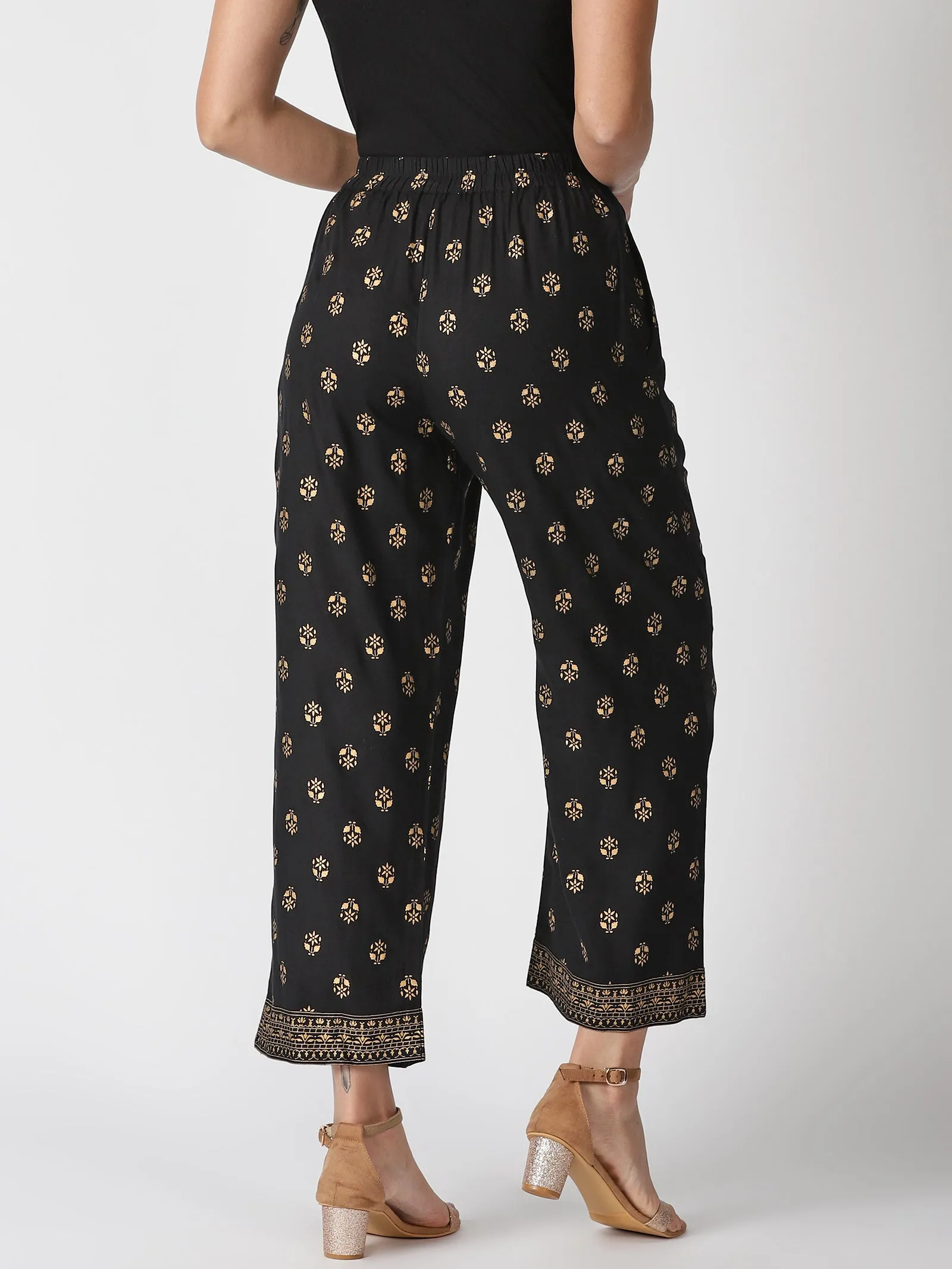 Black Ethnic Motifs Gold Printed Palazzos