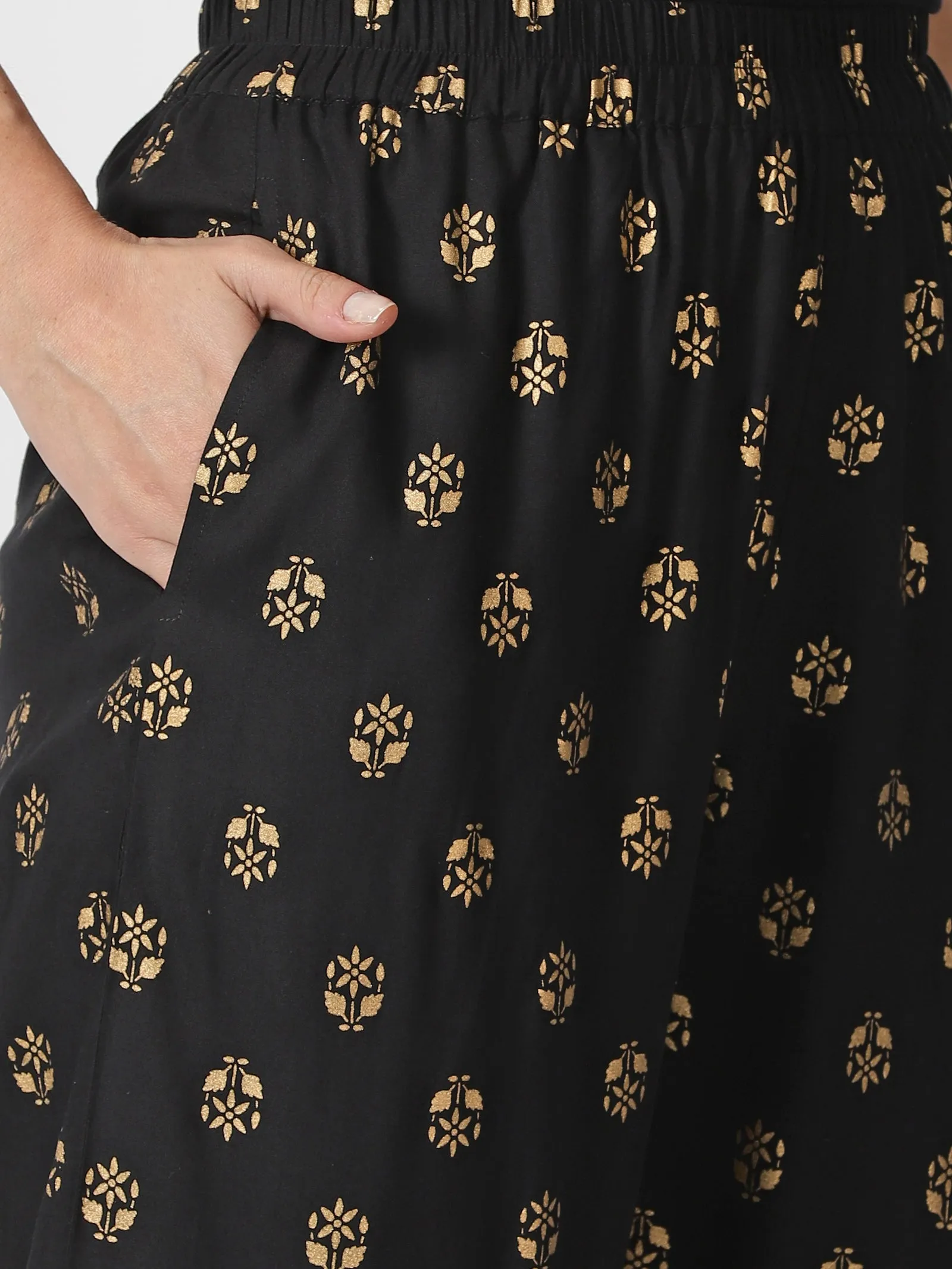 Black Ethnic Motifs Gold Printed Palazzos